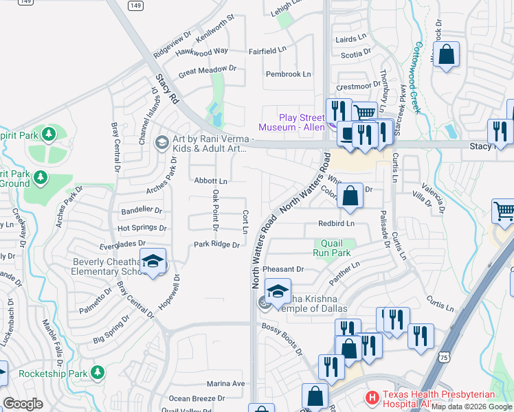 map of restaurants, bars, coffee shops, grocery stores, and more near 1706 Cort Lane in Allen