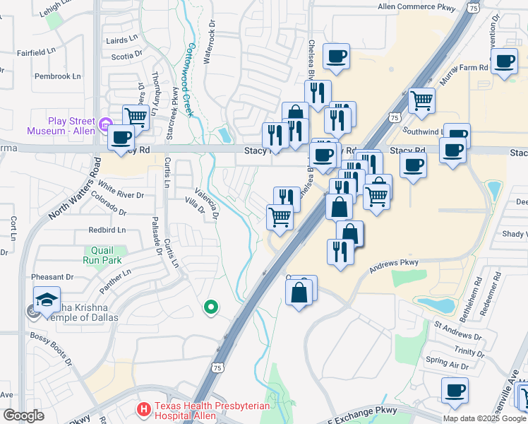 map of restaurants, bars, coffee shops, grocery stores, and more near 1845 Chelsea Boulevard in Allen