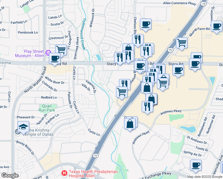 map of restaurants, bars, coffee shops, grocery stores, and more near 1845 Chelsea Boulevard in Allen