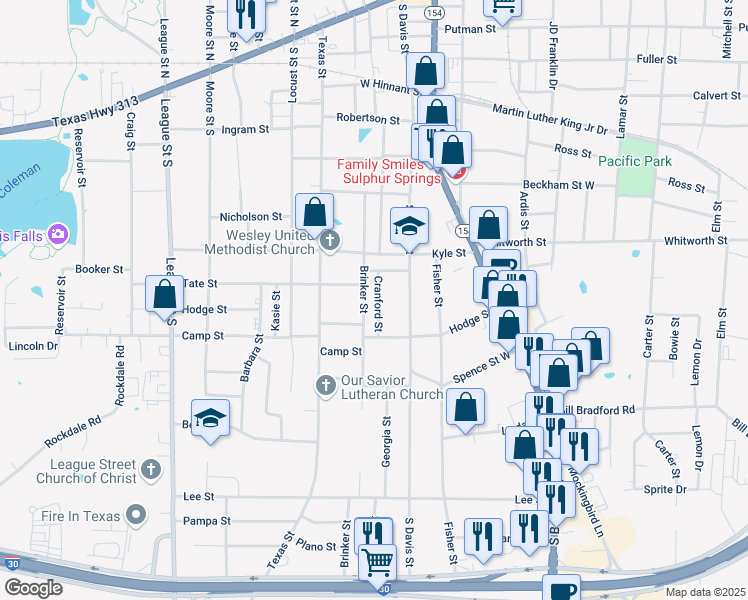 map of restaurants, bars, coffee shops, grocery stores, and more near 833 Cranford Street in Sulphur Springs