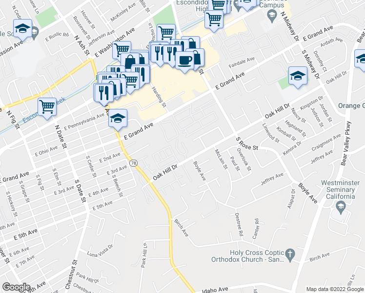 map of restaurants, bars, coffee shops, grocery stores, and more near 1400 Oak Hill Drive in Escondido