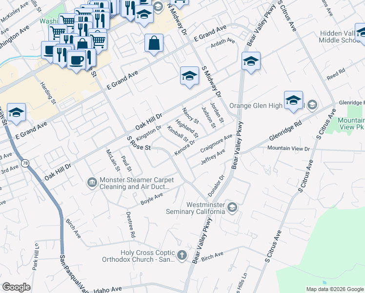 map of restaurants, bars, coffee shops, grocery stores, and more near 780 Linwood Street in Escondido