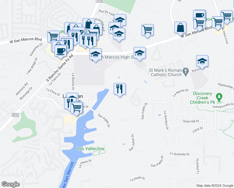 map of restaurants, bars, coffee shops, grocery stores, and more near 1912 San Pablo Drive in San Marcos