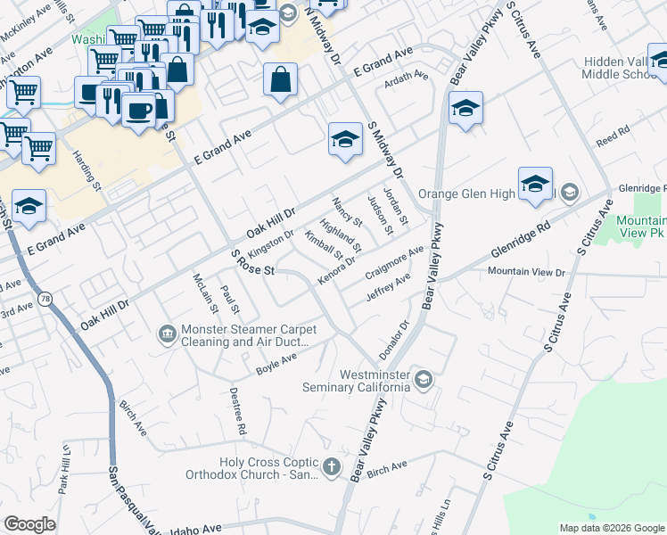 map of restaurants, bars, coffee shops, grocery stores, and more near 780 Linwood Street in Escondido