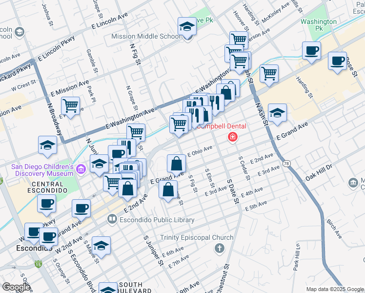 map of restaurants, bars, coffee shops, grocery stores, and more near 201 North Fig Street in Escondido