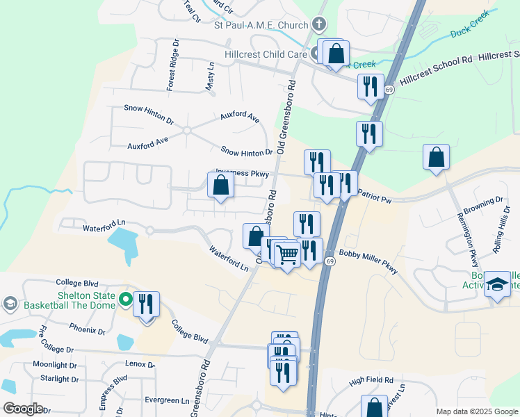 map of restaurants, bars, coffee shops, grocery stores, and more near 8920 Old Greensboro Rd in Tuscaloosa