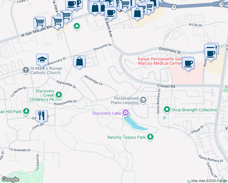 map of restaurants, bars, coffee shops, grocery stores, and more near 896 Windridge Circle in San Marcos