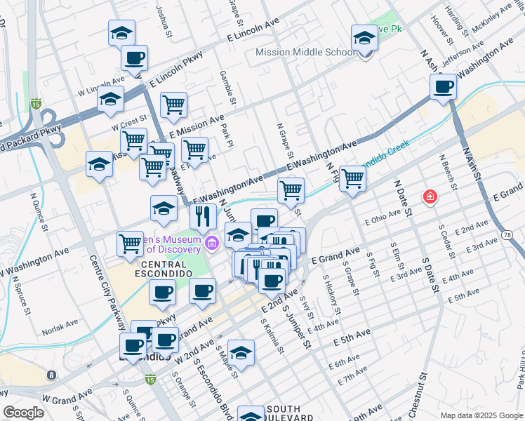 map of restaurants, bars, coffee shops, grocery stores, and more near 330 North Juniper Street in Escondido