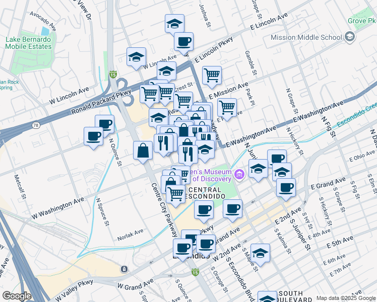 map of restaurants, bars, coffee shops, grocery stores, and more near 608 North Escondido Boulevard in Escondido