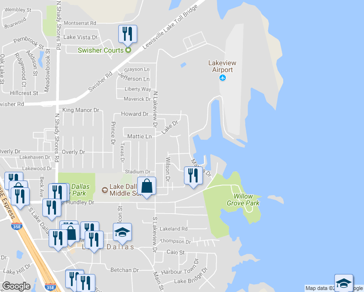 map of restaurants, bars, coffee shops, grocery stores, and more near 301 Marina Drive in Lake Dallas