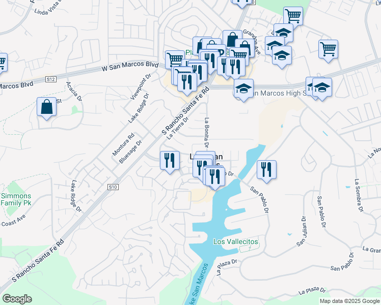 map of restaurants, bars, coffee shops, grocery stores, and more near 1656 La Madera Lane in San Marcos