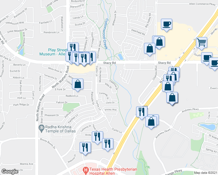 map of restaurants, bars, coffee shops, grocery stores, and more near 1823 Villa Drive in Allen