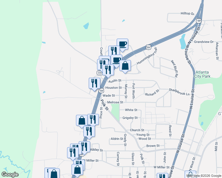 map of restaurants, bars, coffee shops, grocery stores, and more near 702 Loop 59 in Atlanta