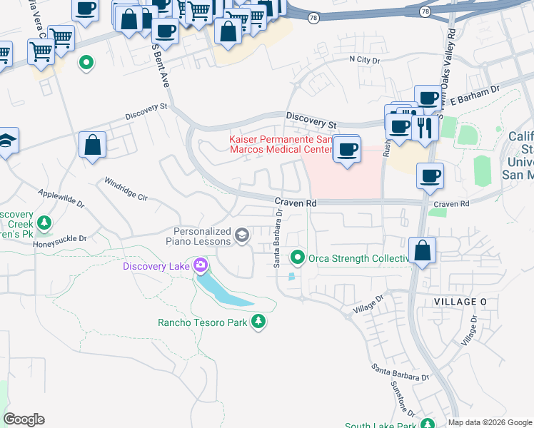 map of restaurants, bars, coffee shops, grocery stores, and more near 518 Whitesage Road in San Marcos