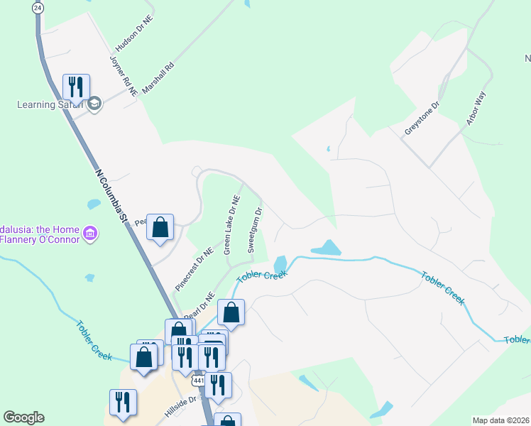map of restaurants, bars, coffee shops, grocery stores, and more near 158 Sweetgum Drive in Milledgeville
