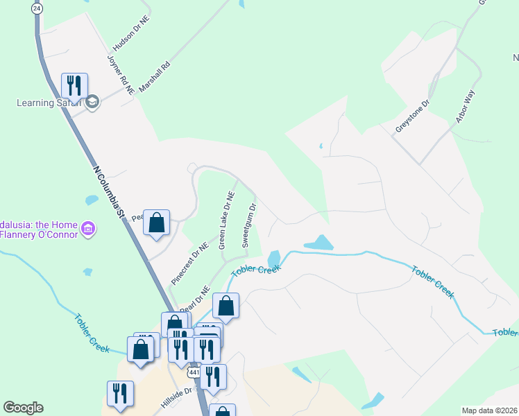 map of restaurants, bars, coffee shops, grocery stores, and more near 158 Sweetgum Drive in Milledgeville
