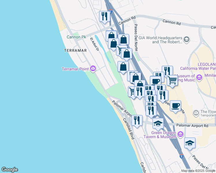 map of restaurants, bars, coffee shops, grocery stores, and more near 5515 El Arbol Drive in Carlsbad