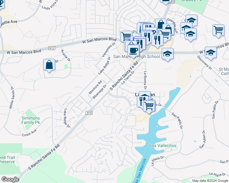 map of restaurants, bars, coffee shops, grocery stores, and more near 1024 La Tierra Drive in San Marcos