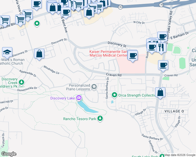map of restaurants, bars, coffee shops, grocery stores, and more near 550 Whitesage Road in San Marcos