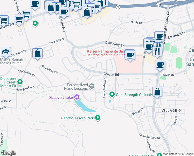 map of restaurants, bars, coffee shops, grocery stores, and more near 412 Craven Road in San Marcos