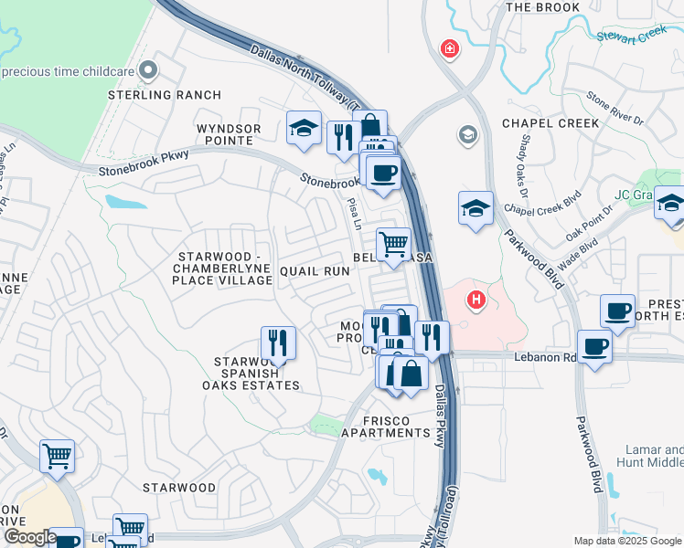 map of restaurants, bars, coffee shops, grocery stores, and more near Gadwall Drive in Frisco