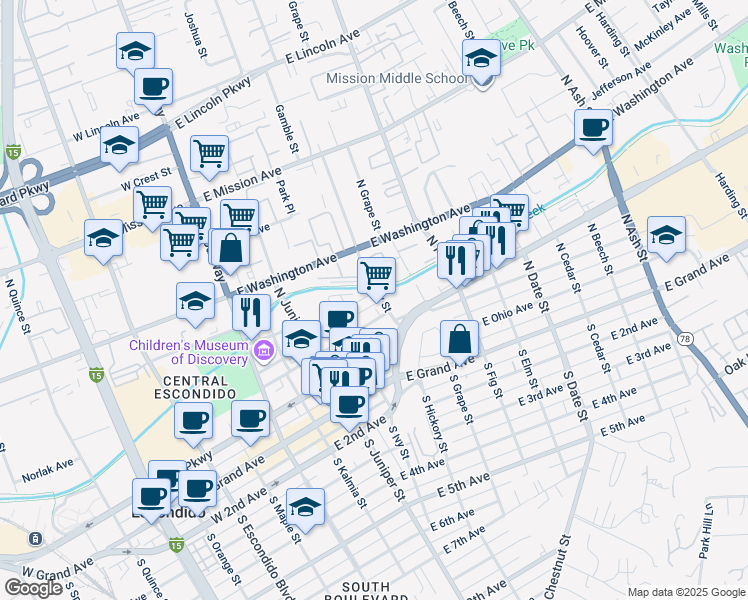 map of restaurants, bars, coffee shops, grocery stores, and more near 333 Lansing Circle in Escondido