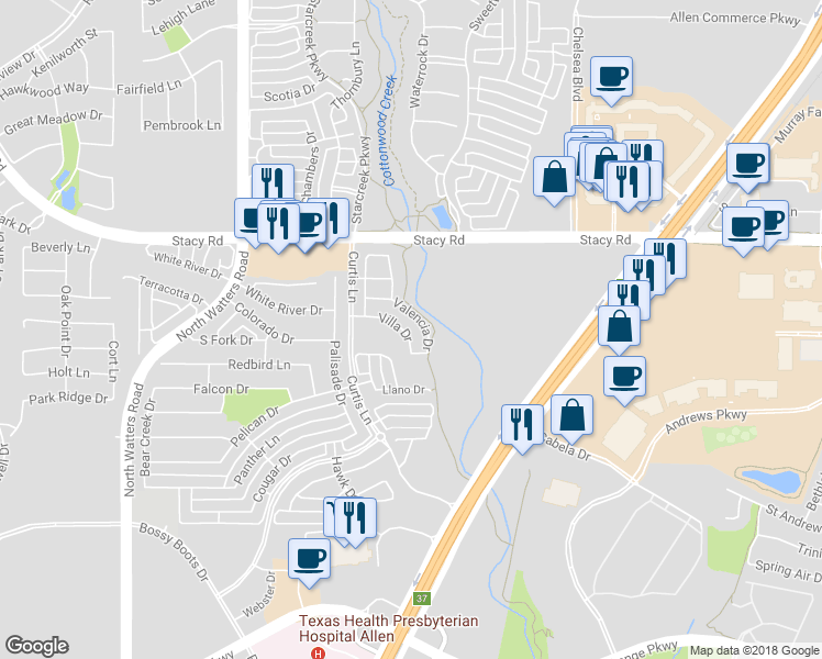 map of restaurants, bars, coffee shops, grocery stores, and more near 1818 Villa Drive in Allen