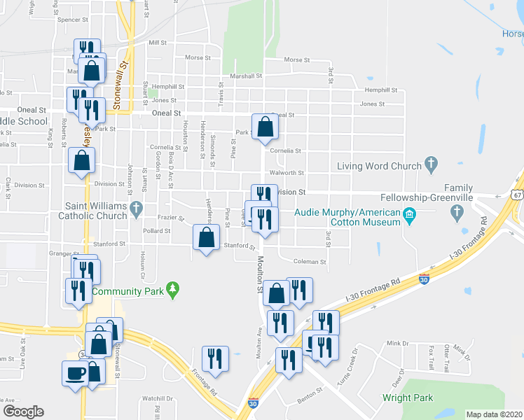 map of restaurants, bars, coffee shops, grocery stores, and more near 1651 Cleveland Street in Greenville