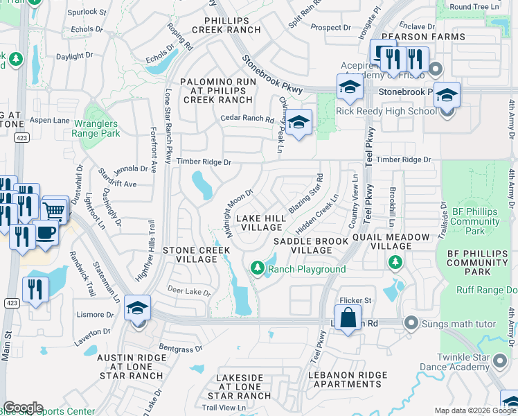 map of restaurants, bars, coffee shops, grocery stores, and more near 5874 Lone Rock Road in Frisco