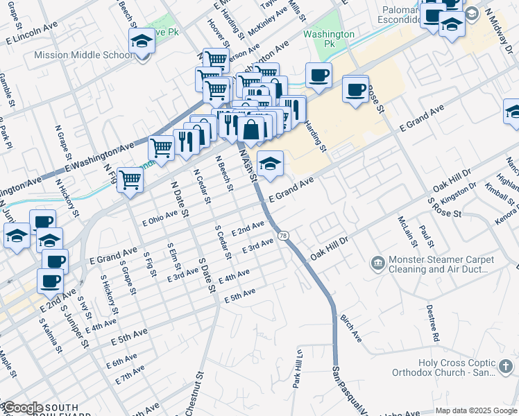 map of restaurants, bars, coffee shops, grocery stores, and more near 1152 East Grand Avenue in Escondido