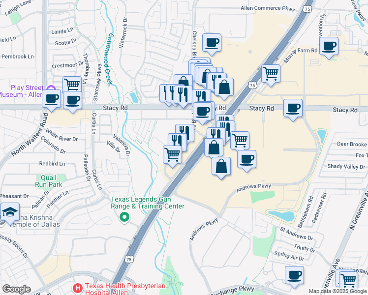 map of restaurants, bars, coffee shops, grocery stores, and more near 1865 North Central Expressway in Allen