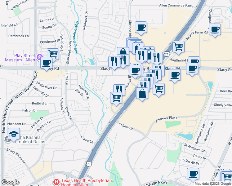 map of restaurants, bars, coffee shops, grocery stores, and more near 1865 North Central Expressway in Allen