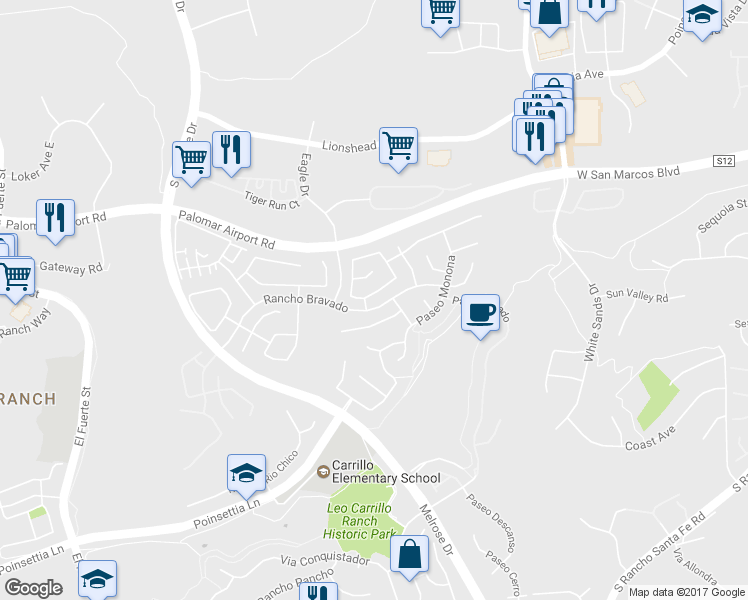 map of restaurants, bars, coffee shops, grocery stores, and more near 3201 Rancho Reata in Carlsbad
