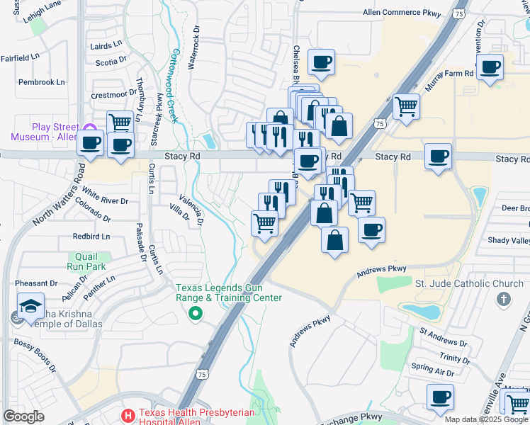 map of restaurants, bars, coffee shops, grocery stores, and more near 1865 North Central Expressway in Allen