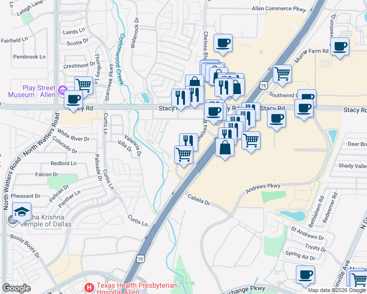map of restaurants, bars, coffee shops, grocery stores, and more near 1865 North Central Expressway in Allen