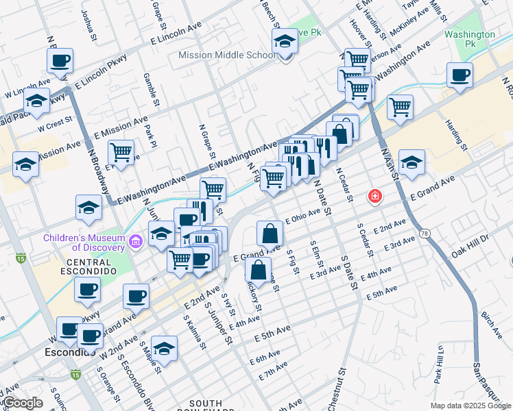 map of restaurants, bars, coffee shops, grocery stores, and more near 606 East Valley Parkway in Escondido