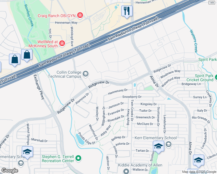 map of restaurants, bars, coffee shops, grocery stores, and more near 1529 Teresa Ann Lane in Allen