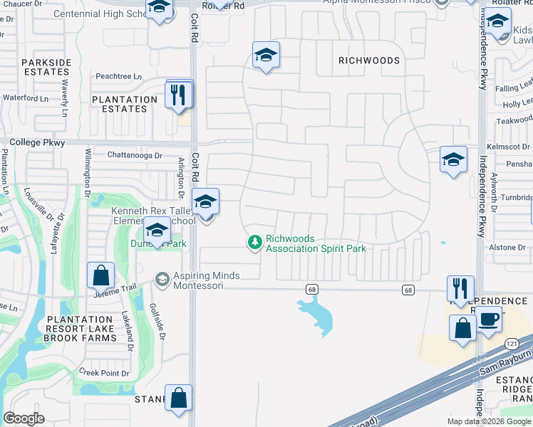 map of restaurants, bars, coffee shops, grocery stores, and more near 13216 Kettle Camp Road in Frisco
