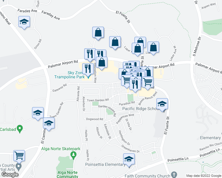 map of restaurants, bars, coffee shops, grocery stores, and more near 6217 Village Green Drive in Carlsbad