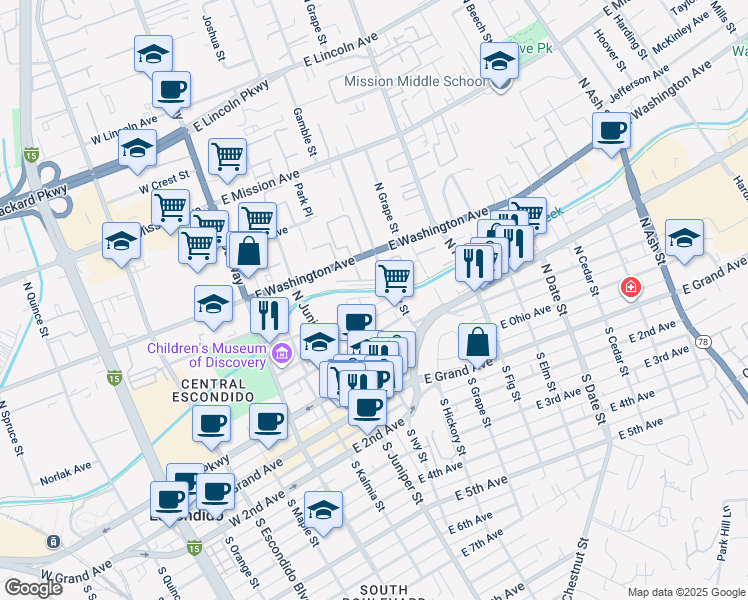 map of restaurants, bars, coffee shops, grocery stores, and more near 415 North Hickory Street in Escondido