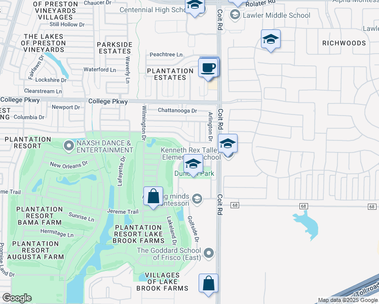 map of restaurants, bars, coffee shops, grocery stores, and more near Norfolk Lane in Frisco