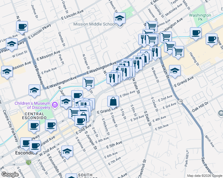 map of restaurants, bars, coffee shops, grocery stores, and more near 651-53 East Valley Parkway in Escondido