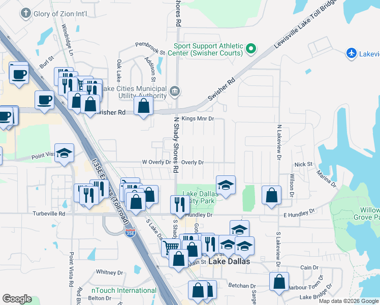 map of restaurants, bars, coffee shops, grocery stores, and more near 5413 Princess Court in Lake Dallas