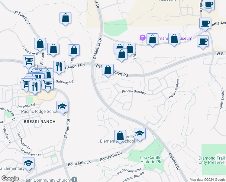 map of restaurants, bars, coffee shops, grocery stores, and more near 6134 Citracado Circle in Carlsbad