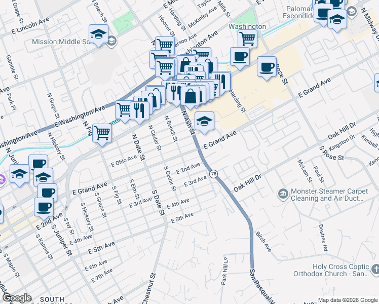 map of restaurants, bars, coffee shops, grocery stores, and more near 1152 East Grand Avenue in Escondido