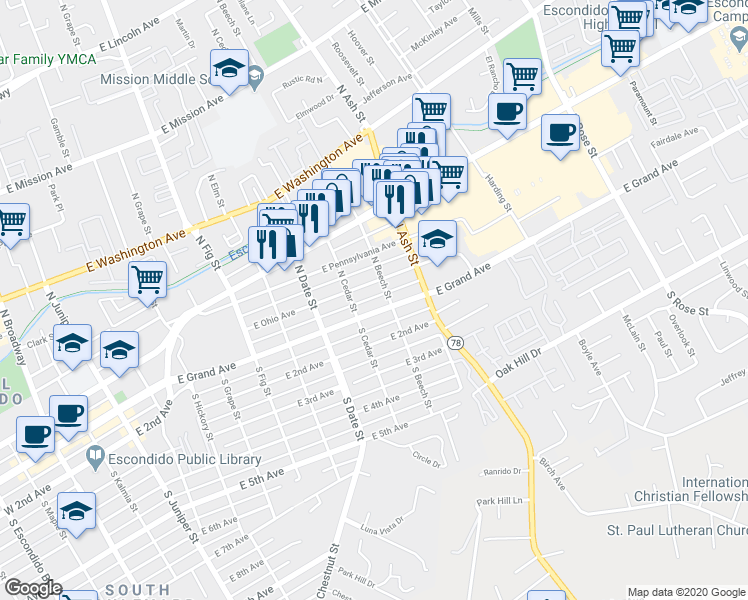 map of restaurants, bars, coffee shops, grocery stores, and more near 141 North Beech Street in Escondido