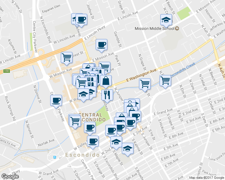 map of restaurants, bars, coffee shops, grocery stores, and more near 600 Waverly Place in Escondido
