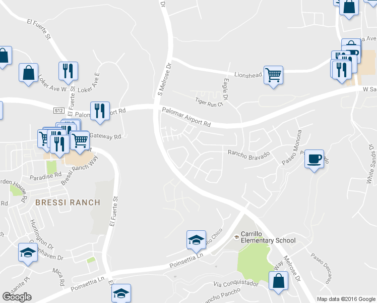 map of restaurants, bars, coffee shops, grocery stores, and more near 6153 Citracado Circle in Carlsbad