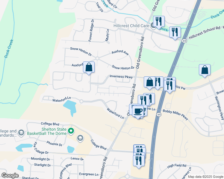 map of restaurants, bars, coffee shops, grocery stores, and more near 8767 Inverness Place in Tuscaloosa