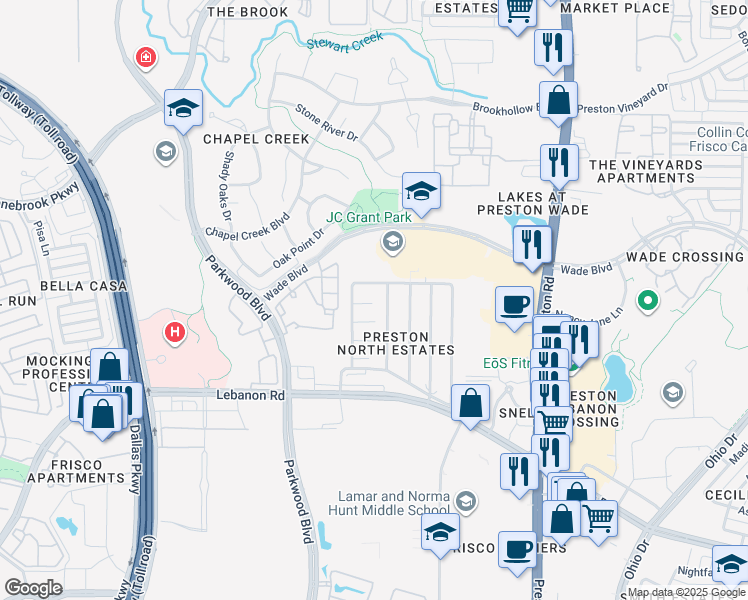 map of restaurants, bars, coffee shops, grocery stores, and more near 8145 Preston North Drive in Frisco